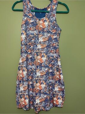 Sleeveless Blue, Orange & White Printed A-Line Dress